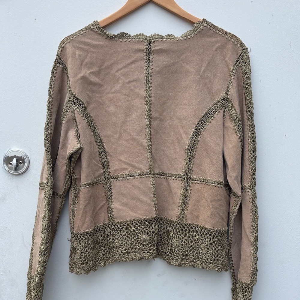 Vintage leather brown leather crochet patchwork jacket with trim - Picture 4 of 5